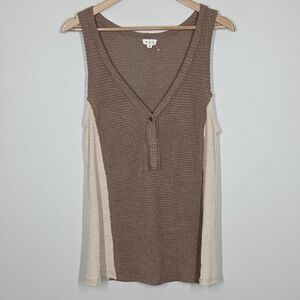POL Brown Tan Thermal Waffle Ribbed V-Neck Sleeveless Top Boho Festival Preppy S
